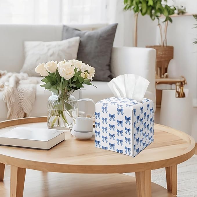Blue Bow Tissue Box Cover Square, Leather Tissue Holder with Bottom Belt, for Nightstands Desks Office Bathroom Car Vanity Home Decor Supplies -014
