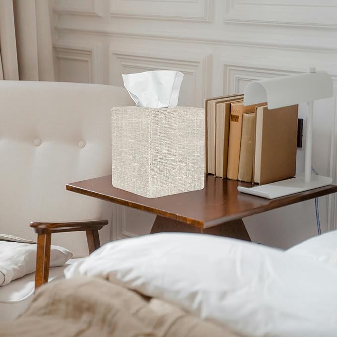 Tissue Box Cover, Cute Beige Linen Fabric Decorative Square Tissue Box Holder/Organizer for Bathroom Vanity Countertop/Office/Nightstand/Desk