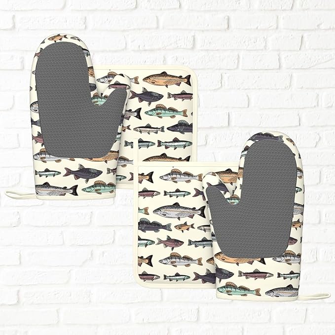 Vintage Fish Oven Mitts and Pot Holders Set of 4 Silicone Heat Resistant Oven Mitten Potholders Non Slip Gloves Kitchen Decor for BBQ Cooking Grilling Baking