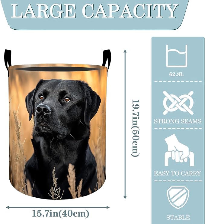 VODRM Labrador Dog with Wheat Field Laundry Basket, Dirty Collapsible Clothes Toy Organizer Hamper for Kids Adults, Oxford Cloth Waterproof Storage Bin for Bedroom Bathroom Decor Gifts, 19.7"X15.7"