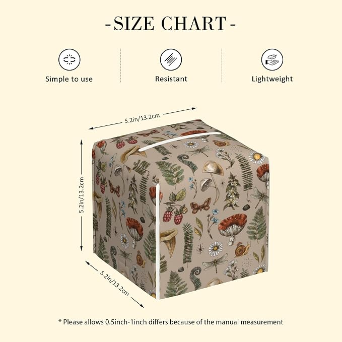 POIUBLE Woodland Fern Mushroom Tissue Box Cover Leather Tissue Box Holder Square Facial Paper Organizer Dispenser for Bathroom Kitchen Bedroom Vanity Countertop Night Stands