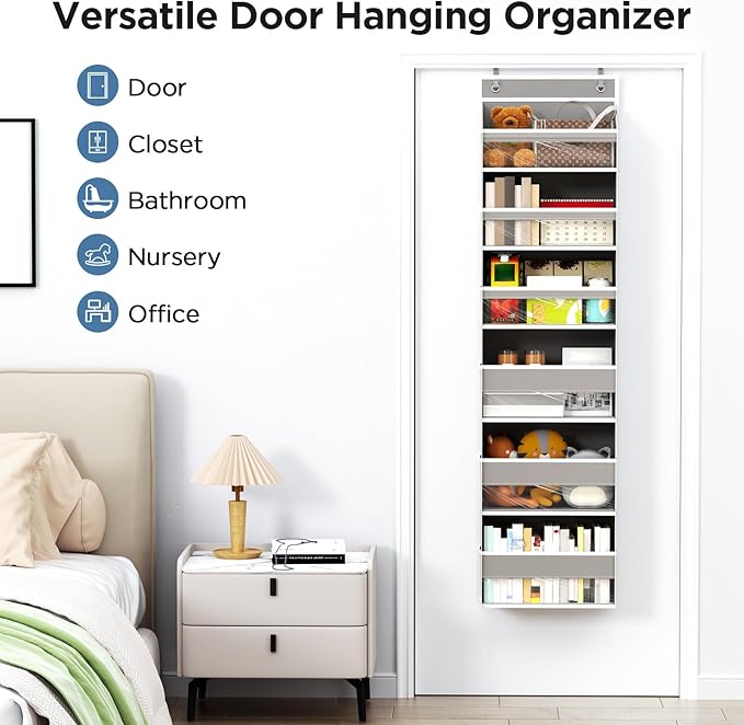 Mefirt Over The Door Organizer, 6 Shelf Door Organizer Hanging with 6 Large Capacity Pockets, Over The Door Storage Hanging Shelves for Closet Wall Bathroom Closet Bedroom Nursery