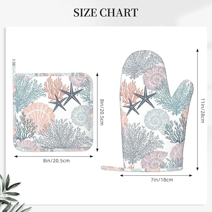 Nautical Coastal Oven Mitts and Pot Holders Set, 4pcs Silicone Starfish Seashell Coral Beach Themed Oven Glove for Kitchen Heat Resistant Oven Mitts and Non-Slip Potholders Orange Purple