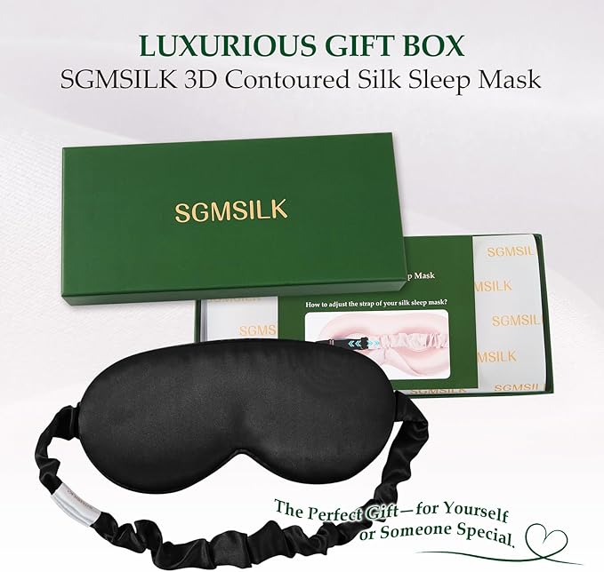 SGMSILK 100% Mulberry Silk Sleep Mask for Unisex, 22 Momme 3D Silk Contoured Eye Mask, Breathable Light Blocking Blindfold with Adjustable Strap, Blackout Eye Cover for Travel, Black