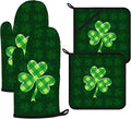 Green Clover Oven Mitts and Pot Holders Sets 4Pcs,Extra Long Oven Gloves Potholder for Kitchen Cooking Baking BBQ 100% Cotton Heat Resistant(St. Patrick's Day)