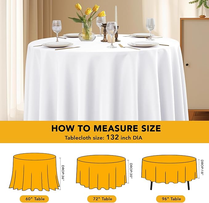 6-Pack White Round Tablecloths, 132 Inches, Stain-Resistant Polyester for 6-8 Ft Round Tables - Washable Table Covers for Weddings, Banquets, Birthday Parties, Events