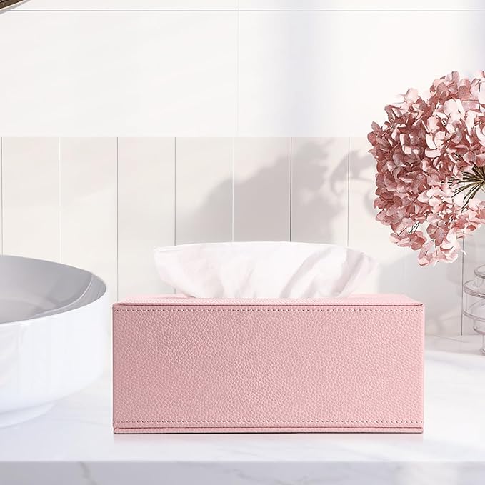 Sumnacon Tissue Box Cover Rectangle Tissue Box Stylish PU Tissue Box Holder with Magnetic Bottom, Decorative Leather Tissue Holders for Living Room Bathroom Table Desk Home Office Car, Pink