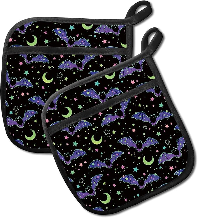 Pot Holders for Kitchen, Heat Resistance Hot Pads, Cute Potholder with Pocket for Kitchen Cooking Baking 2 Packs, Purple Bats