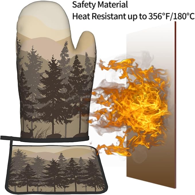 Rustic Bear Deer Oven Mitts and Pot Holders Sets Cabin Forest Animals Kitchen Decor Accessories Multi-use Cooking Camping Oven Gloves for BBQ Cooking Gifts