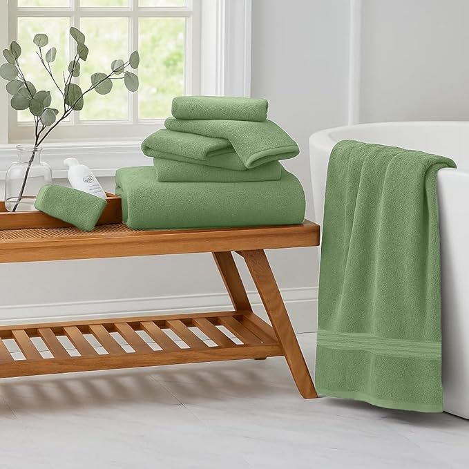 RIVERSIDE Pack of 8 Towels Set, 2 Large Bath, 2 Hand, 4 Face Washcloths, 100% Cotton Hotel Quality, Super Soft, Quick Dry, Highly Absorbent Perfect for Bathroom, Sage Green