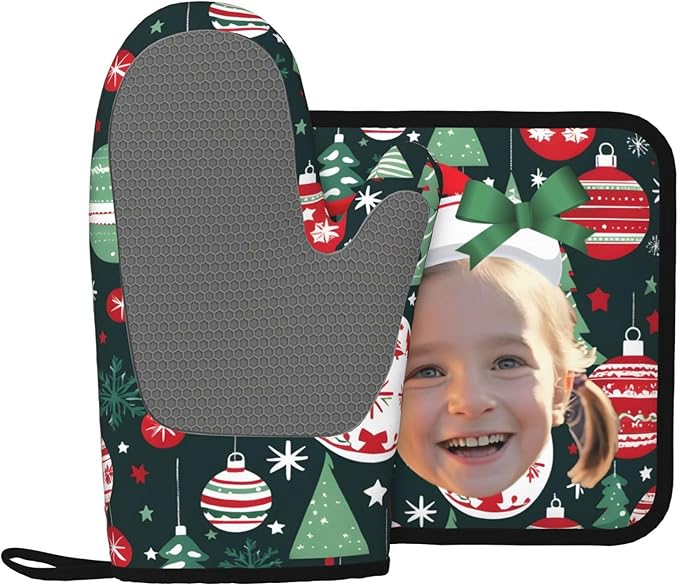Custom Your Christmas Oven Mitts and Potholder Silicone Glove Heat Resistant, Kitchen Gloves for Cooking, 2-Piece Set