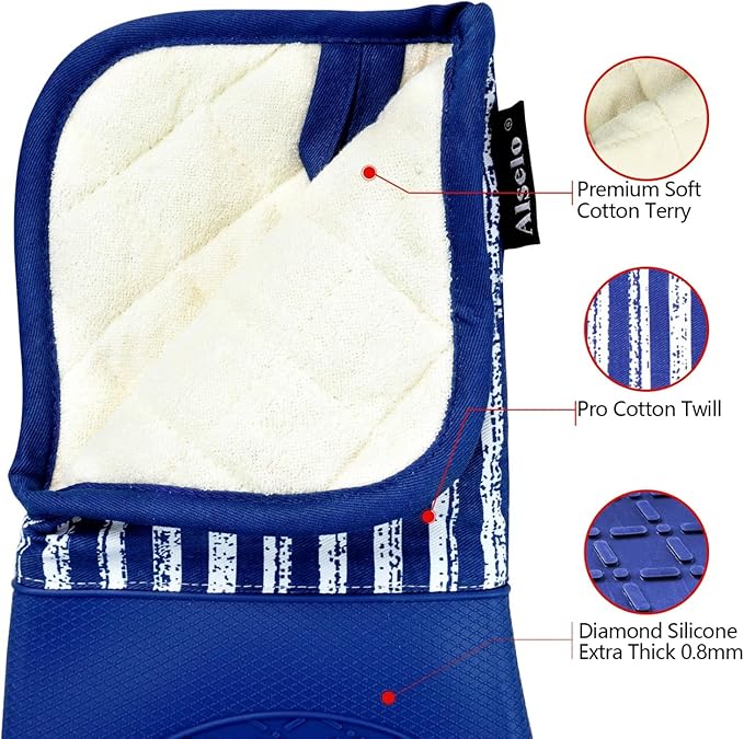 Silicone Oven Mitts Heat Resistant 932℉ with Waterproof & Non-Slip Kitchen Mittens, Set of 2 Extra Long Oven Gloves with Soft Cotton Terry Lining for Baking Cooking Barbecue (Cobait Blue, 2)