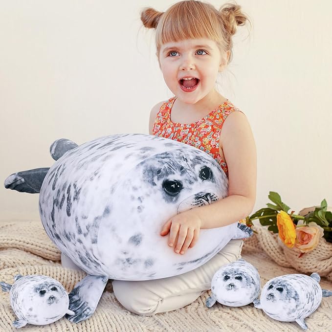Achwishap 19.6” Seal Stuffed Animal Mommy with 3 Seal Baby Plush Toy,4pcs Seal Plush Pillow,Cute Plushie Seals Hugging Pillow Cuddle Plushie for Kids Girls Boys Birthday Gifts(Seals Family)