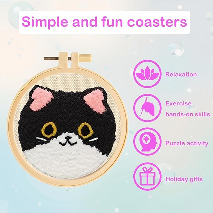 57lilina Punch Needle Coaster Kit for Adults Beginners, 6 Set Complete Animal Cat Punch Needle Stitching Embroidery Art Kit, Step-by-Step Guide Make Punch Needling Drink Coasters for Starter