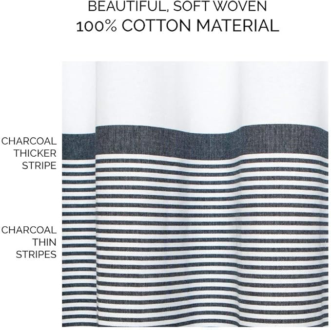 HALL & PERRY Modern Farmhouse Tassel Shower Curtain 100% Cotton Striped Fabric Shower Curtain with Tassels for Bathroom Décor (Black, 72"x72")