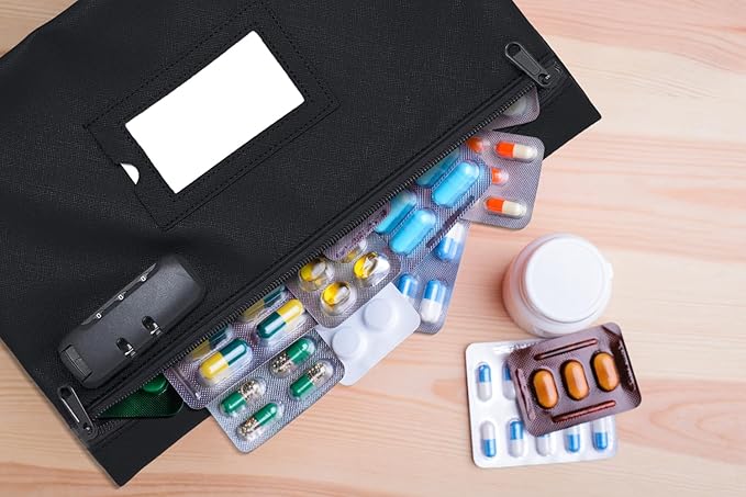 GIDABRAND Medicine Bag with Lock | 12x8 Inch Med Bag | Medication Bag for Traveling | Small Medication Travel Bag | Kids Medicine Bag | Pills Locking Zipper Pouch Storage Case Organizer (Black)