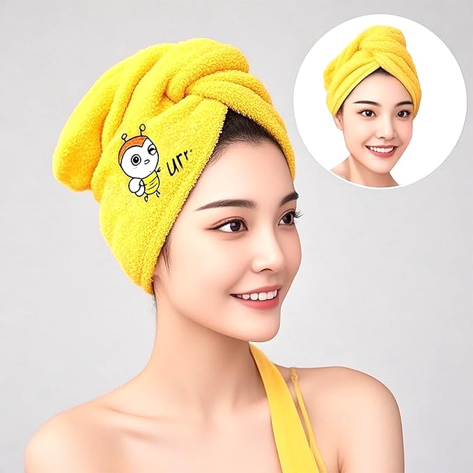 AGKXHDEC Double Layer Microfiber Towel, Hair Turbans for Wet Hair, Drying Hair Wrap for Women(The Color of The Picture is for Reference only) (Yellow with bee)