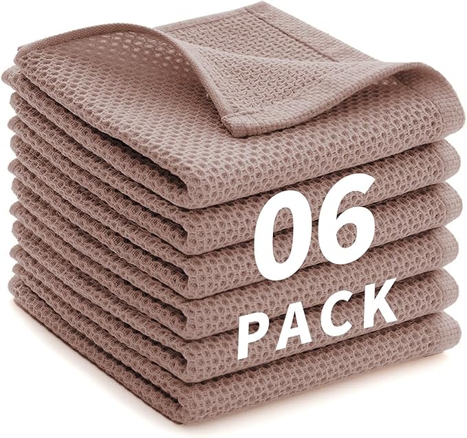 LikGuest Honeycomb Cotton Dish Cloths 6 Pack,12x12 Inch – Super Absorbent, Quick-Dry & Reusable Kitchen Cleaning Cloths, Lint-Free Washable Towels for Dishes, Glass & Household Use(Coffee Brown)