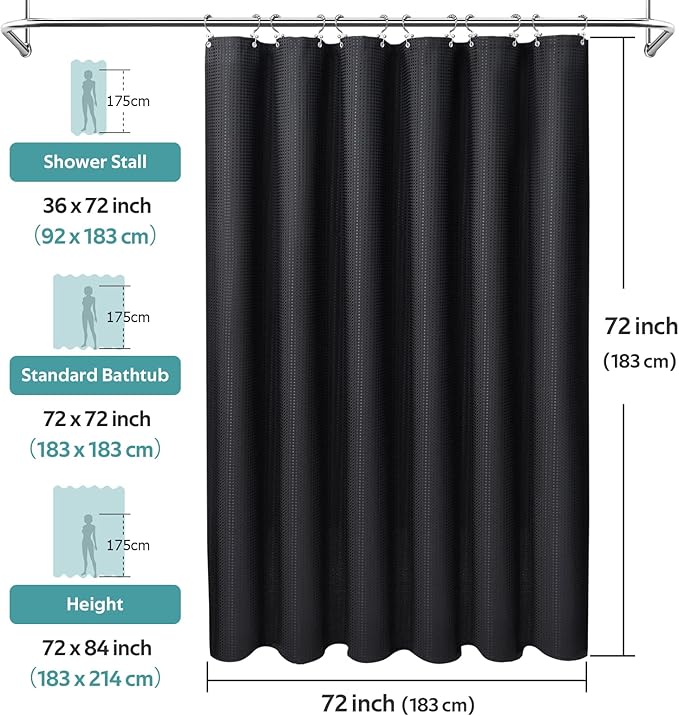 Vipfree 3 in 1 Shower Curtain Set, Waffle Shower Curtain and Liner Set with 12 Double Sided Shower Curtain Hooks, 258GSM Luxury Weighted Cloth Shower Curtains for Bathroom, 72 W x 72 H, Black
