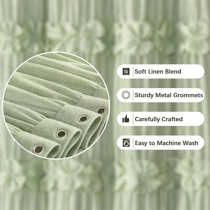 XOGUIBO Ruffle Shower Curtain with Handmade Bow Tie, Green Linen Vintage Farmhouse Shower Curtain for Bathroom, 72" W x 72" H