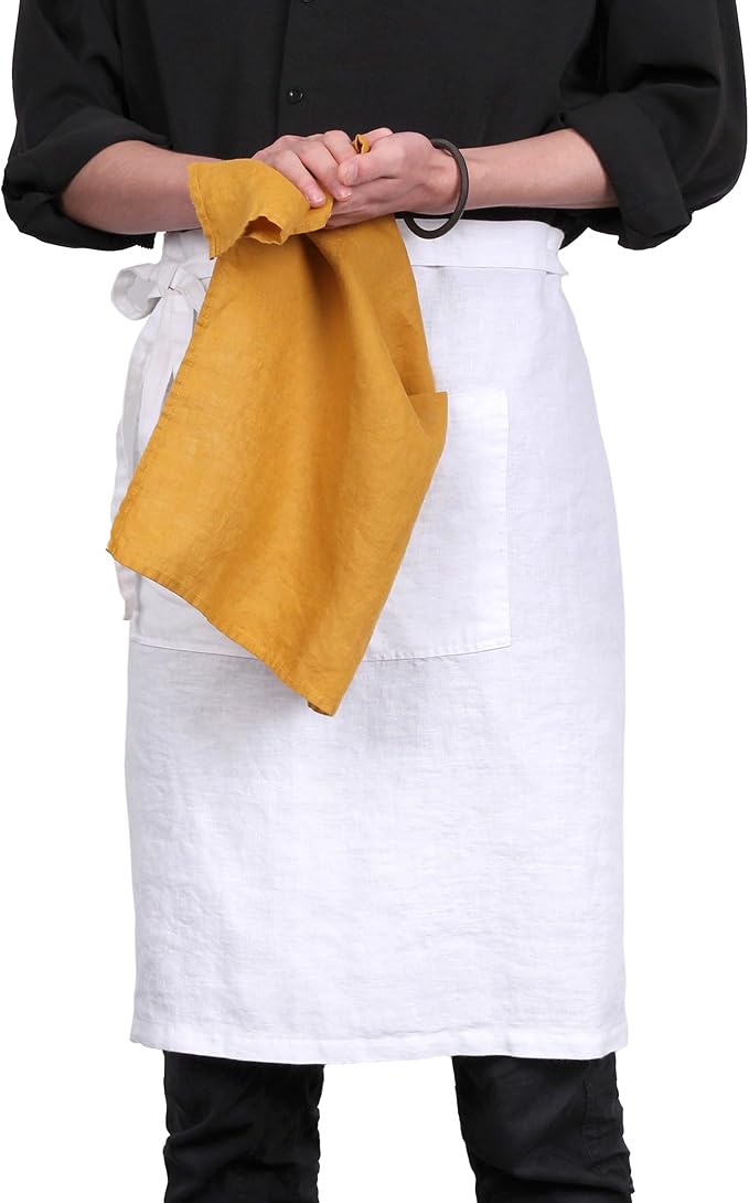Pure Linen Bistro Half Apron - 25 x 35 Inch Unisex Waist Aprons with Large Pocket Ideal for Kitchen Crafts and More