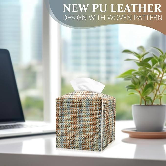 PU Leather Tissue Box Cover with Bottom Belt - Modern Square Tissue Box Holder with Wide Opening - Blue White Camel, Woven Patterns