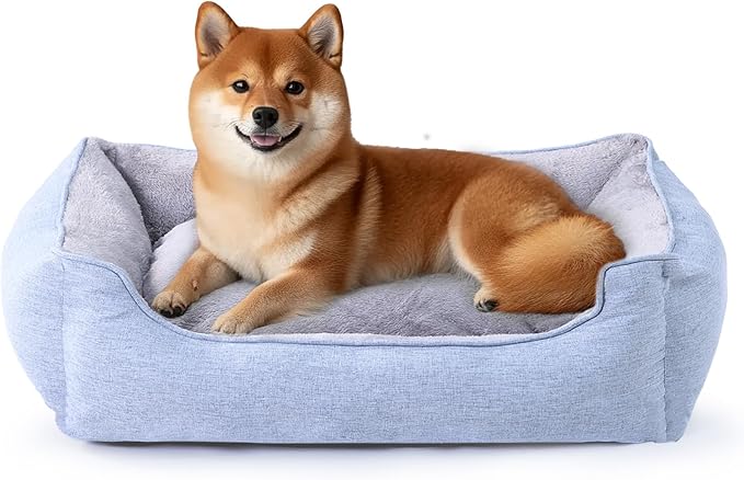 OUPEIWAWA Rectangle Dog Bed for Large Medium Small Dogs Washable Pet Bed with Bolster Sides Non-Slip Bottom Pet Sofa Waterproof Lining Durable Pet Cuddler, Sky Blue, 33x 26x 7.5