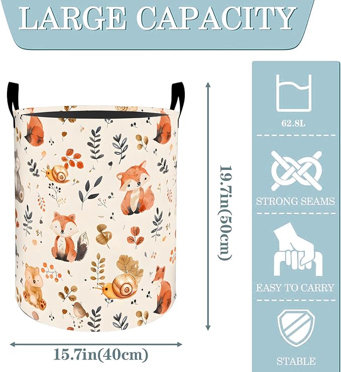 VODRM Cute Woodland Animal Autumn Laundry Basket, Dirty Collapsible Clothes Toy Organizer Hamper for Kids Adults, Oxford Cloth Waterproof Storage Bin for Room Bathroom Fall Decor Gifts, 19.7"X15.7"