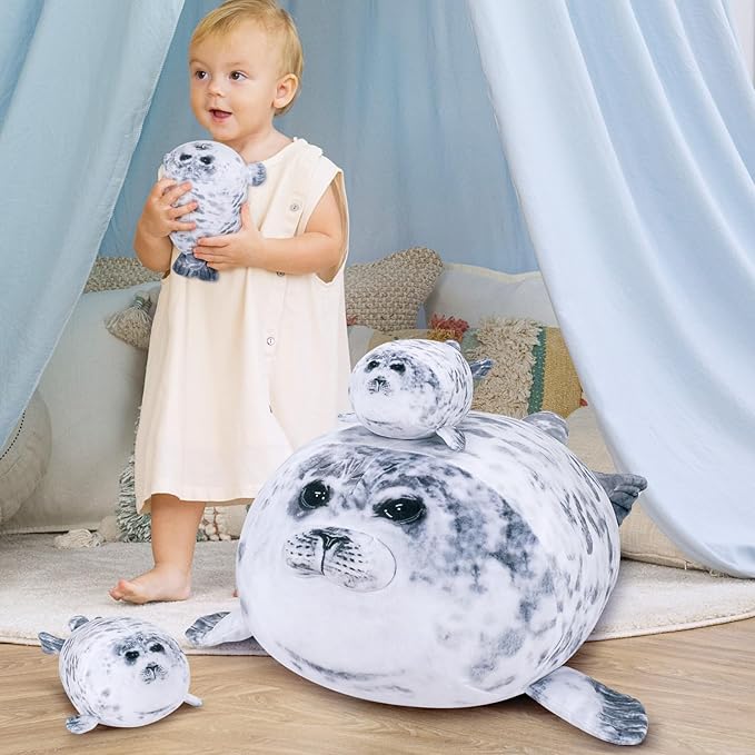 Achwishap 19.6” Seal Stuffed Animal Mommy with 3 Seal Baby Plush Toy,4pcs Seal Plush Pillow,Cute Plushie Seals Hugging Pillow Cuddle Plushie for Kids Girls Boys Birthday Gifts(Seals Family)