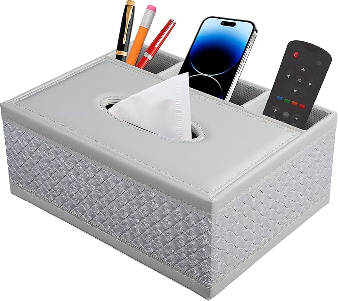 XNONE Tissue Box Cover Rectangle White Kleenex Box Holder PU Leather Facial Tissue Organizer,Multifunctional Remote Control Stationery Storage Box,Home Office Supplies Car Napkin Caddy