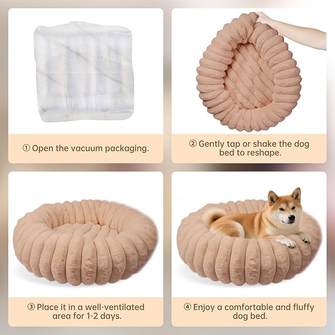 Vhen When Donut Dog and Cat Bed, Luxurious Comfortable Faux Rabbit Fur Pet Beds, Round Anti-Anxiety Calming Puppy Kitten Bed with Anti-Slip Bottom for Small Medium Large Dogs & Cats(31", Brown)