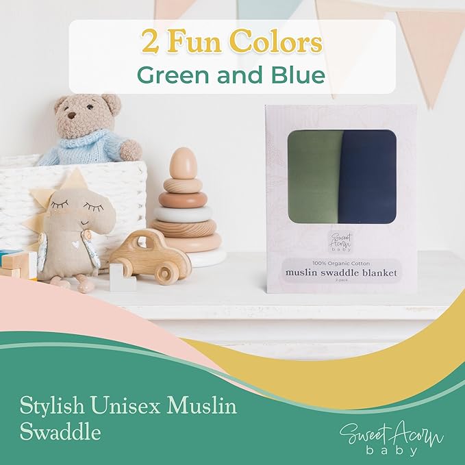 Sweet Acorn Muslin Swaddle Blanket – Soft Cotton Muslin Baby Blanket for Newborns, Infants, and Toddlers, All-Season Comfort Baby Essential - Green, Blue