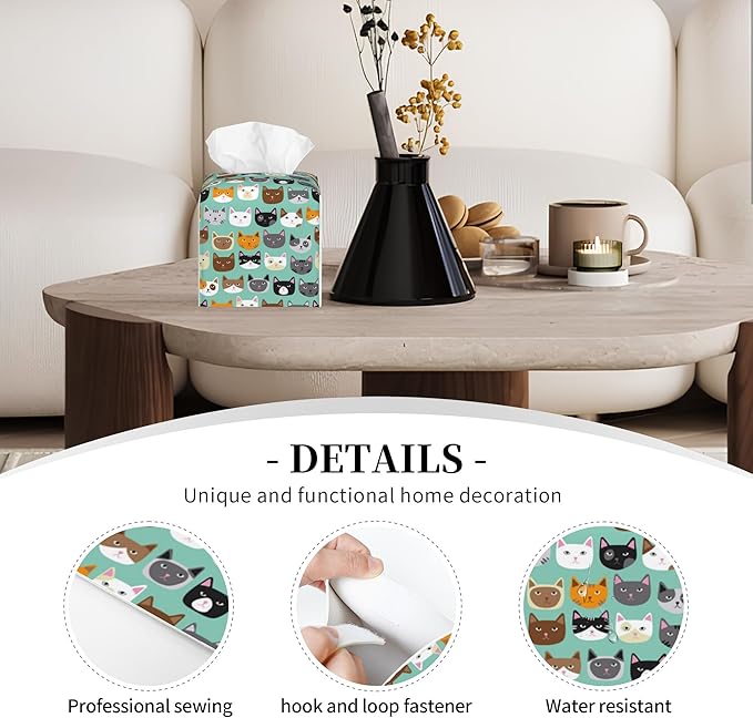 POIUBLE Cute Cat Face Tissue Box Cover Funny Cats Leather Tissue Box Holder Square Facial Paper Organizer Dispenser for Bathroom Kitchen Bedroom Vanity Countertop Night Stands