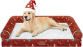 Large Dog Bed Orthopedic Washable: Christmas Pattern Big Dogs Beds with Bolster Puppy Sofa Couch Waterproof Removable Cover - Red