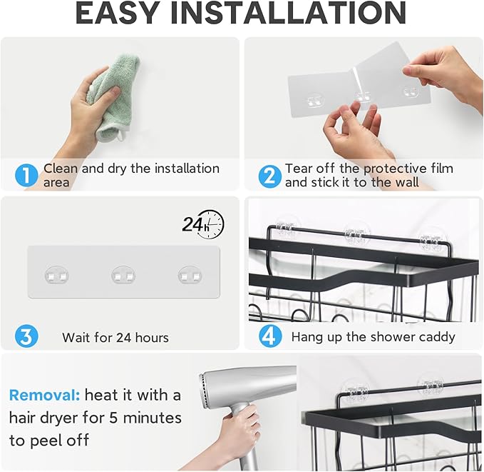 Lsnisni 20 Pack Shower Caddy Adhesive Replacement, Strong Adhesive Hooks for Shower Caddy, Waterproof Shower Adhesive Strips, No Drilling,for Bathroom Storage Shelves and Kitchen Racks