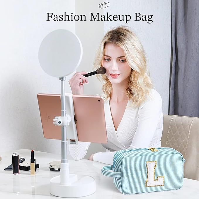 YOOLIFE Gifts for Women Teen Girls Kids - Initial Makeup Bag Cosmetic Case Toiletry Pouch, Birthday Gifts for Women Friends Sister Teacher, Light Blue K