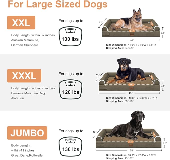 Large Dog Bed Orthopedic Washable: Jumbo Dog Bed Bolster Extra Large Dogs Egg Crate Foam Sofa Couch Waterproof Removable Cover - Brown