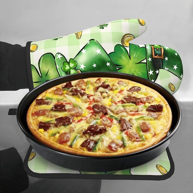 St Patricks Day Shamrock Hat Oven Mitts and Pot Holders Set of 2 Clover Gold Coin Heat Resistant Potholders Oven Hot Pads Buffalo Plaid Oven Gloves Accessories for Kitchen Chef Cooking BBQ