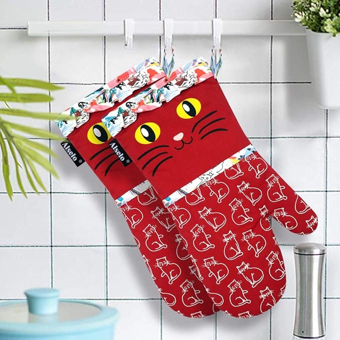 Oven Mitts, Heat Resistant with Soft Quilted Cotton Lining Set of 2, Fashion Animal Design with Silicone Printing Anti-Slip Kitchen Gloves for Safe Backing Cooking Barbecue (Red 2)