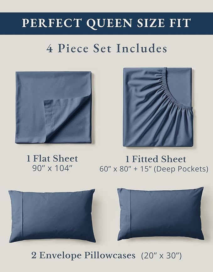 LANE LINEN 100% Organic Cotton Queen Sheets Set, Fully Elasticized Machine Washable Mercerized Cotton Soft & Comfy Low Pill Fade Resistant Sheets Queen Size Set, Classic Percale Weave- Estate Blue
