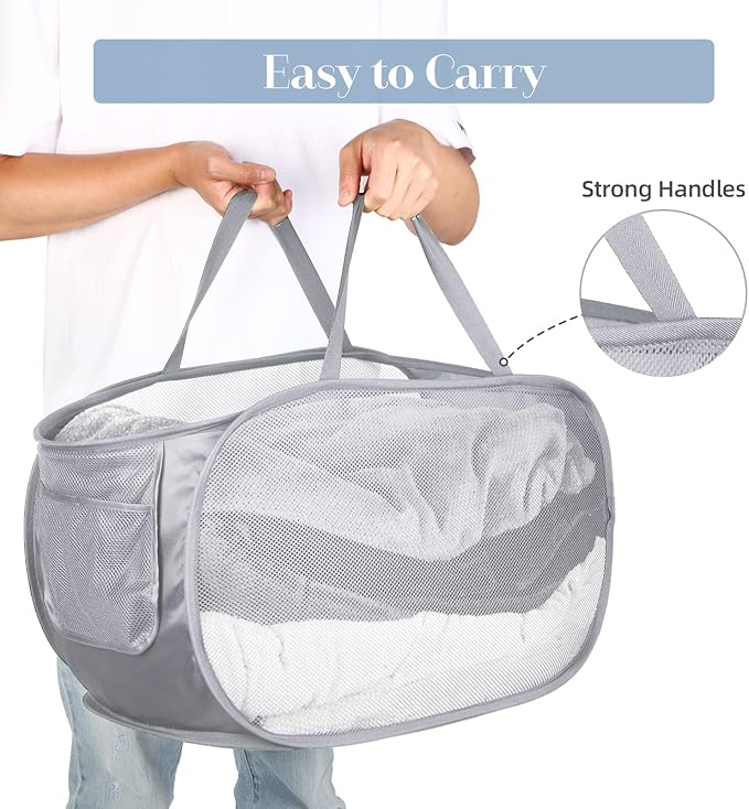 2 Pack Durable Collapsible Laundry Baskets - Reinforced Mesh Pop Up Laundry Hamper with Pocket, Foldable Dirty Clothes Hamper with Carry Handles for Laundry, Bathroom, Kids Room, Dorm or Travel Grey