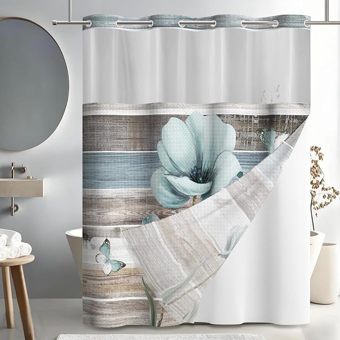 GICDSU No Hook Shower Curtain with Snap in Liner, Waffle Shower Curtain Set for Bathroom, Turquoise Floral Style with Semi-Sheer Top Window, Waterproof & Washable, 59" W x 75" L