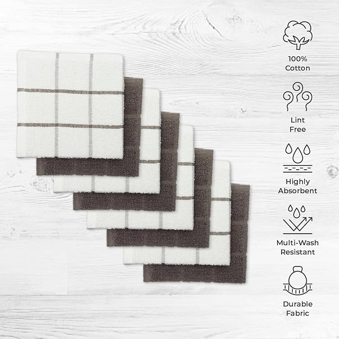 Mellow Buff 100% Cotton Terry Dish Cloth & Dish Towel, 6 Pack, Super Soft and Absorbent Kitchen Towels, Perfect for Kitchen Cleaning and Dish Washing (Grey (Solid and Checks) 8 Pack)