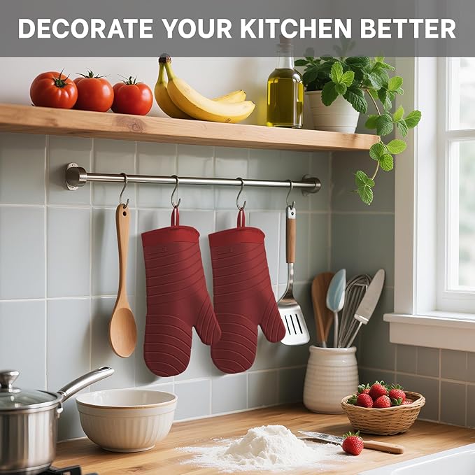 Beneno Heat Resistant Silicone Oven Mitts BPA-Free, Non-Slip Textured Grip & Quilted Cotton Lining, Waterproof Kitchen Mitt 2-Pack Set, 7"x13", Red