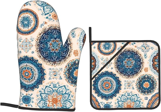 Oven Mitts and Pot Holders Sets of 4 Vintage Mandala Flower Kitchen Potholder Gloves Heat Resistant Non-Slip for Chef Baking Cooking Grilling BBQ Mittens