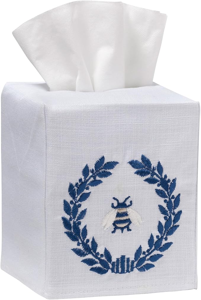 Jacaranda Living Square Tissue Box Cover, Linen/Cotton Fabric Tissue Holder, Decorative Cloth Tissue Cube Cover, Nature Designs Napoleon Bee Wreath (Navy)