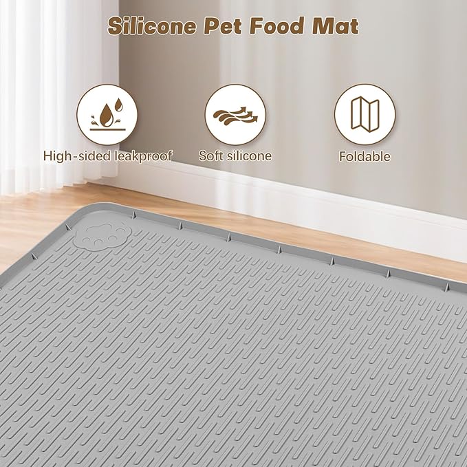 Bartuke Cat Food Mat, 34" x 22" Large Silicone Pet Feeding Mat for Food and Water Bowls Non-Slip, Easy to Clean (Light Grey)