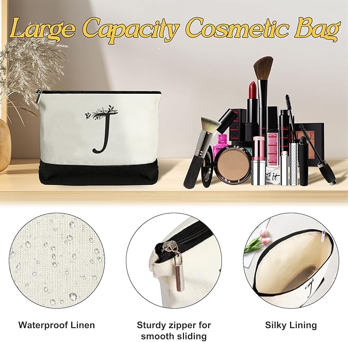 Personalized Gifts for Women - Initial Canvas Tote Bag & Makeup Bag, Custom Bags for Beach, Christmas, Wedding, Birthday, Holiday, Monogram Birthday Gifts for Women, Mom, Wife, Teacher, Friend