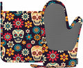 Mxocom Day of The Dead Oven Mitts and Pot Holders Sets Sugar Skulls and Flowers Seamless Pattern on Dark Background Silicone Heat Resistant Kitchen Oven Gloves Pot Holder for Cooking
