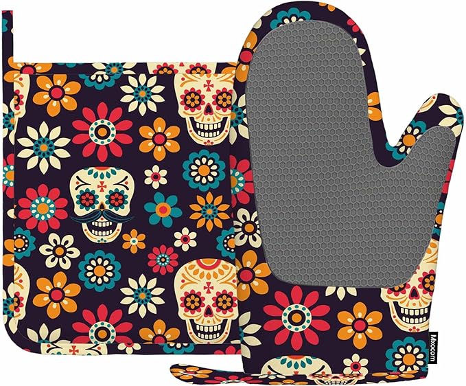 Mxocom Day of The Dead Oven Mitts and Pot Holders Sets Sugar Skulls and Flowers Seamless Pattern on Dark Background Silicone Heat Resistant Kitchen Oven Gloves Pot Holder for Cooking